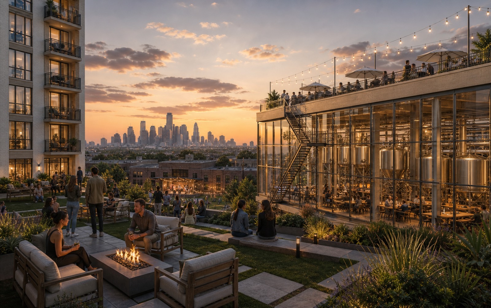 Dusk rendering of the level-4 terrace: double-height glass brewery hall with visible fermentation tanks, rooftop beer garden with string lights above it, and the downtown skyline in the background